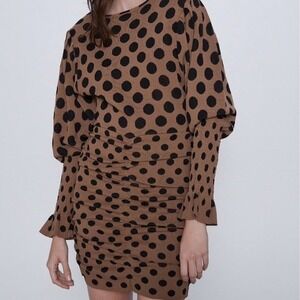 ZARA Draped Polka Dot Ruched Long Sleeve Knit Mini Dress Brown Black Size Small